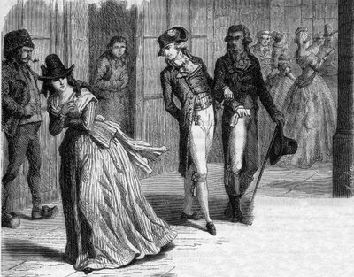 Charlotte Corday beim Messerschmied Badin, unter den Arkaden des Palais-Royal im Jahr 1793 - Gravur in „Histoire des Girondins“ von Alphonse de Lamartine (1790-1869) 1865-1866 - Privatsammlung von Anonymous Anonymous