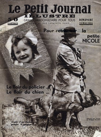 Chaumont-Affären: Polizeihunde trainieren, die Spur vermisster Kinder (hier das Mädchen Nicole) und Banditen zu finden. Titelblatt aus „Le petit journal illustrious“ vom 12.05.1935. Private Sammlung von Anonymous Anonymous