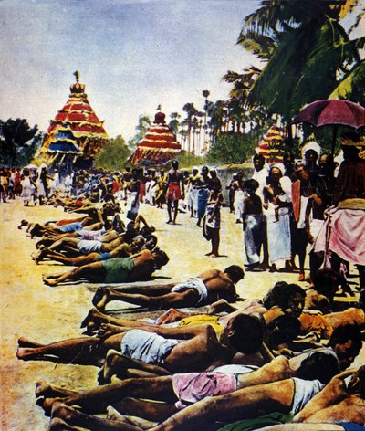 Woche des zivilen Ungehorsams in Indien gegen das Britische Empire: Demonstration unter der Führung des politischen Führers Mohandas Karamchand Gandhi (1869-1948) in Jalaipur 1931. Illustration aus 