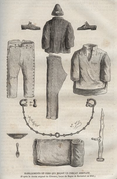Kleidung und Eisen, die ein Forcat im Rochefort-Bagne im 19. Jahrhundert erhält (nach der Originalzeichnung von Clemans, Forcat im Bagne 1840). Gravur in „Histoire des bagnes depuis leur création à nos jours“ (1877) von Pierre Zaccone (1817-1895). von Anonymous Anonymous