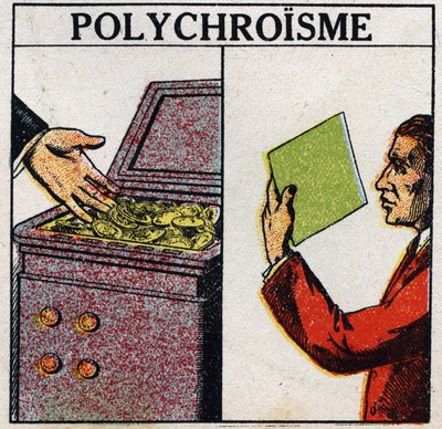 Farben: Polychromie. Goldmünzen sind gelb, aber dünnschichtiges Gold ist grün. Anonyme Illustration von 1925. Private Sammlung. von Anonymous Anonymous