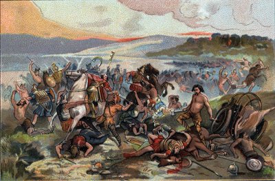 Eroberung Galliens: die Schlacht von Presles im Jahr 60 v. Chr., in der das Volk der Nervier unter der Führung von Boduognat gegen die römische Armee von Julius Caesar kämpfte. Werbe-Chromolithographie von Antoine Schokoladen in Brüssel, Anfang des 20. Jah von Anonymous Anonymous