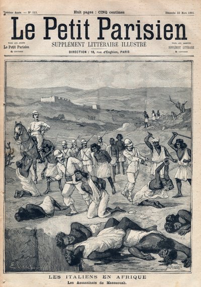 Die Eroberung von Eritrea durch Italien. Die Morde von Massawa (Eritrea). Gravur in „Le petit Parisien“ vom 22.03.1891. Private Sammlung. von Anonymous Anonymous