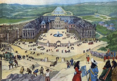 Bau des Schlosses von Versailles im Jahr 1678 nach den Plänen von Jules Hardouin-Mansart im Vordergrund König Ludwig XIV. von Anonymous Anonymous