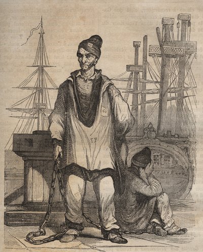 Lebenslange Verurteilungen im Rochefort Bagne im 19. Jahrhundert. Gravur in „Histoire des bagnes depuis leur création à nos jours“ (1877) von Pierre Zaccone. von Anonymous Anonymous