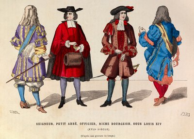 Kostüme von Lord, kleinem Abt, Offizier und reichem Bürger in Paris unter der Herrschaft von König Ludwig XIV. im 17. Jahrhundert - Private Sammlung von Anonymous Anonymous