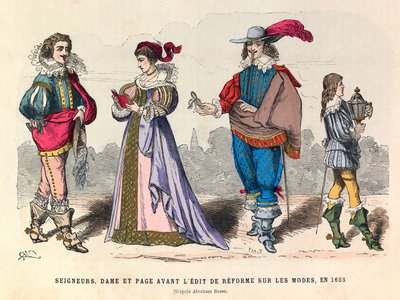 Kostüme von Herren, Dame und Page vor der Mode-Reform in Paris 1633 - Privatsammlung von Anonymous Anonymous