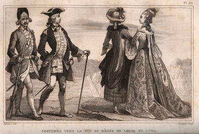Kostüme gegen Ende der Herrschaft von König Ludwig XV. (1770). Gravur von 1859 in „Le Monde. Geschichte aller Völker von den frühesten Zeiten bis zur Gegenwart“ von M. E. de Lostalot-Bachoue. Private Sammlung. von Anonymous Anonymous