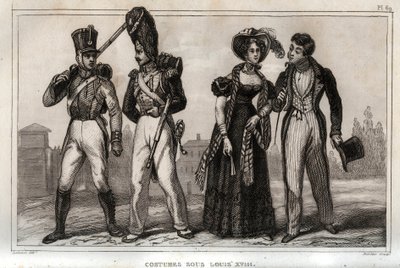 Kostüme unter Louis XVIII. Gravur von 1859 in „Le Monde. Geschichte aller Völker von den frühesten Zeiten bis zur Gegenwart“. von M. E. de Lostalot-Bachoue. Private Sammlung. von Anonymous Anonymous