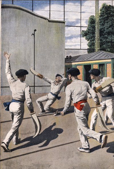 Tödliches Spiel des Baskenballs: Ein Spieler erhält den Ball eines Gegners an den Kopf und stirbt an seiner Verletzung. Gravur in „Le Petite Journal“ von Anonymous Anonymous