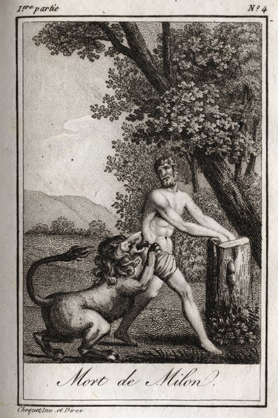 Tod von Milon von Kroton, von einem Wolf verschlungen. Gravur von 1819 in „Lettres à Emilie sur la mythologie“ von Charles Albert Demoustier (1760-1801). Private Sammlung. von Anonymous Anonymous