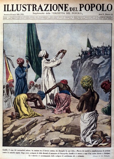 Demonstration unter der Führung des politischen Führers Mohandas Karamchand Gandhi (1869-1948) gegen die englischen Behörden, Darstellung einer Zeremonie während des sogenannten Märtyrermarsches nach Jalaipur. Illustration aus 