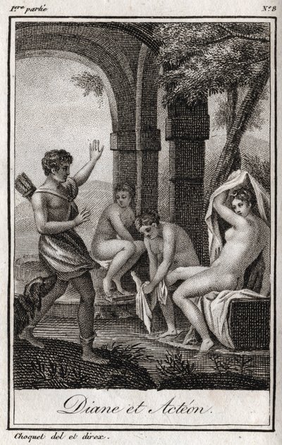 Diana und Actaeon. Diana überrascht im Bad von dem Jäger Actaeon. Gravur von 1819 in „Lettres à Emilie sur la mythologie“ von Charles Albert Demoustier (1760-1801). Private Sammlung von Anonymous Anonymous
