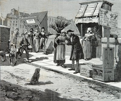 Hundeschneider auf der Pont Neuf in Paris um 1796, Gravur, Private Sammlung von Anonymous Anonymous