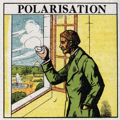 Doppelbrechung: Etienne Louis Malus (1775-1812) beobachtet durch einen Spat die Lichtstrahlen der untergehenden Sonne, die von den Glasfenstern des Luxemburger Palastes im Jahr 1808 reflektiert werden. Anonyme Illustration von 1925. Private Sammlung. von Anonymous Anonymous