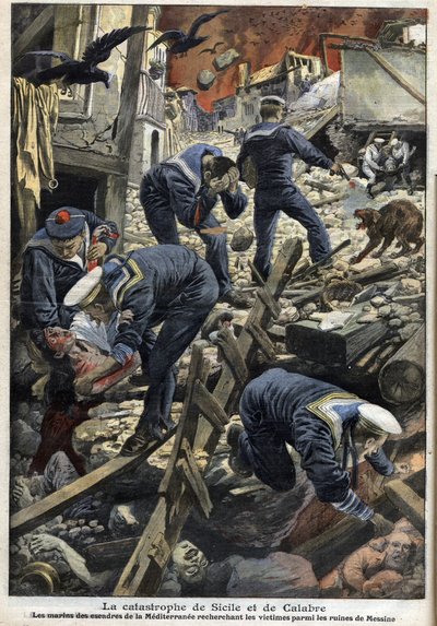Erdbeben in Sizilien, Kalabrien 1909 - Die Katastrophe von Sizilien und Kalabrien (Erdbeben) - Die Matrosen des Mittelmeers suchen nach Opfern unter den Trümmern von Messina - „The Little Journal“ von Januar 1909 von Anonymous Anonymous