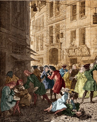 Wirtschaftssystem: die Spekulationsblase zur Zeit des Law-Systems, die Agiotors der Rue Quincampoix - Paris IV. Arrondissement. Quincampoix-Straße zur Zeit des John Law-Systems (1671 - 1729) von Anonymous Anonymous