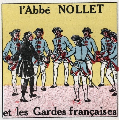 Elektrische Kondensatoren: Erschütterung durch Kondensatoren. Experiment der Leidener Flasche von Abbe Jean Antoine Nollet (Jean-Antoine) (1700-1770), französischer Physiker in Versailles, wo 180 Wachen gleichzeitig im Jahr 1746 getroffen wurden. Anonyme I von Anonymous Anonymous