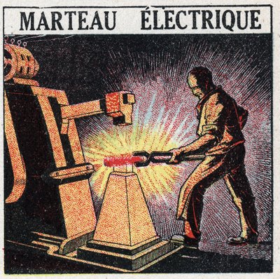 Elektrische Werkzeuge: elektrischer Hammer. Anonyme Illustration von 1925. Private Sammlung. von Anonymous Anonymous