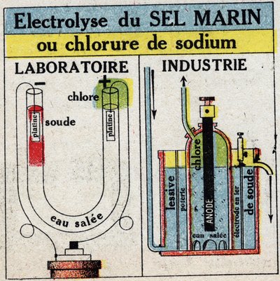 Elektrochemie: Elektrolyse von Meersalz oder Natriumchlorid. Anonyme Illustration von 1925. Private Sammlung. von Anonymous Anonymous