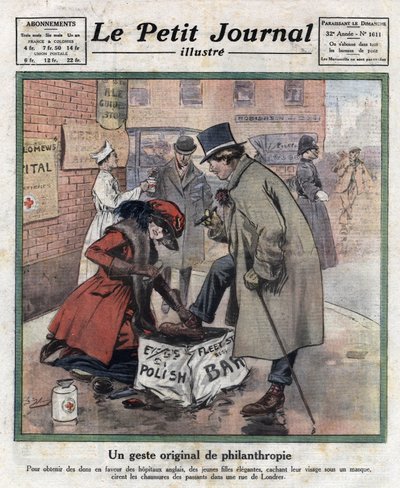 Elegante junge Mädchen, ihr Gesicht hinter einer Maske verborgen, putzen die Schuhe von Londoner Passanten, um Geld für englische Krankenhäuser zu sammeln. Illustration aus „Le petit journal illustré“ vom 06.11.1921. Private Sammlung von Anonymous Anonymous