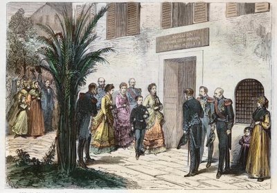 Kaiserin Eugenia und Prinz Louis Napoleon besuchen das Haus, in dem Napoleon I. geboren wurde, in Ajaccio, Korsika, Frankreich 1869 - Reise des Kaisers und des kaiserlichen Prinzen - Besuch des Hauses von Napoleon I. in Ajaccio - 1869 von Anonymous Anonymous