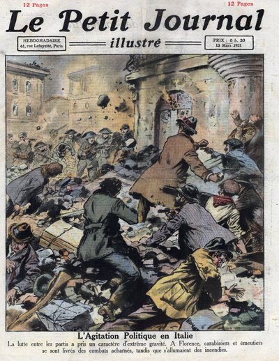 Unruhen in Florenz zwischen Kommunisten und Faschisten am 27. Februar. Intervention der Carabinieri. Illustration aus „Le petit journal“ vom 13.03.1921. Private Sammlung von Anonymous Anonymous