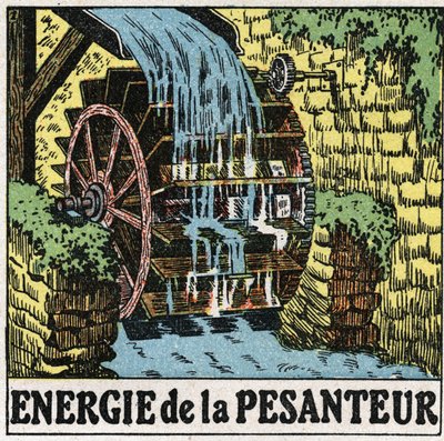 Energie der Schwerkraft: Rad einer Wassermühle. Anonyme Illustration von 1925. Private Sammlung. von Anonymous Anonymous