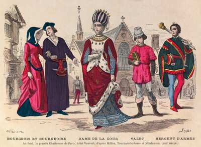 Gravur - Bürger und Bürgerin, Hofdame, Diener, Waffenmeister in Paris im 13. Jahrhundert (im Hintergrund das große Kartäuserkloster von Paris, Hotel Vauvert) von Anonymous Anonymous