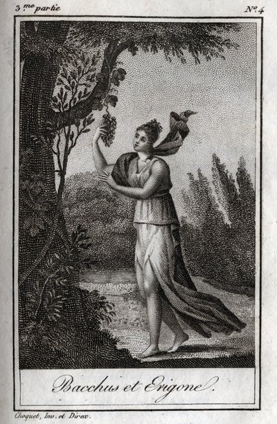 Erigo und Bacchus, Gravur von 1819 in „Lettres à Emilie sur la mythologie“ von Charles Albert Demoustier (1760-1801). Privatsammlung. von Anonymous Anonymous