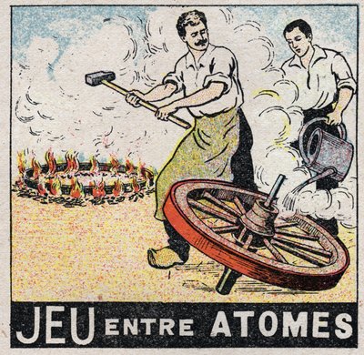 Äther (Material): Spiel zwischen Atomen. Wagenbauer machen ein Rad. Anonyme Illustration von 1925. Private Sammlung. von Anonymous Anonymous