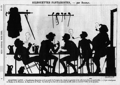 Fantastische Silhouetten von Bernay. Karikatur über Pariser Intellektuelle: „Lateinisches Viertel. Große Diskussion über den Ursprung der Dinge im Allgemeinen und des Bieres im Besonderen...“ Gravur in „Petity Journal pour Rire“ von Anonymous Anonymous