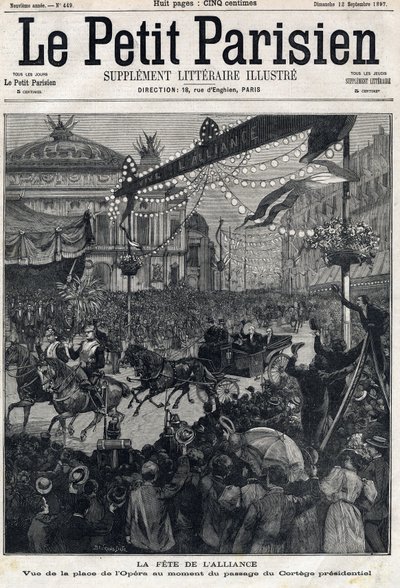 Fest der französisch-russischen Allianz: Blick auf den Opernplatz während der Passage des Präsidentenkonvois von Felix Faure (1841-1899). In „Le Petit Parisien“ am 12.09.1897 von Anonymous Anonymous