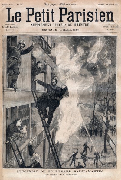 Feuerwehrmann von Paris: Rettungsszene während des Brandes am Boulevard Saint-Martin. Gravur in „Le petit Parisien“ von 1891. Private Sammlung von Anonymous Anonymous