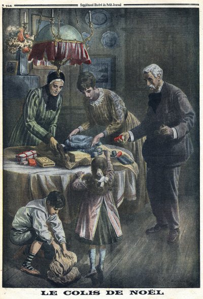 Erster Weltkrieg 1914-1918. Weihnachtsgeschenk: Kinder erhalten und packen Pakete aus, die sie von ihrem Vater an der Front am Heiligabend erhalten haben. In „Le Petit Journal“, am 24.12.1916. Private Sammlung von Anonymous Anonymous