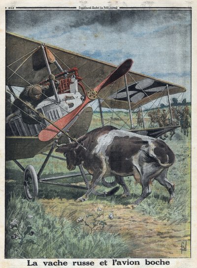 Erster Weltkrieg 1914-1918. Kuh in Russland verhindert den Start eines deutschen Armeeflugzeugs. In „Le Petit Journal“, am 22.10.1916. Private Sammlung von Anonymous Anonymous