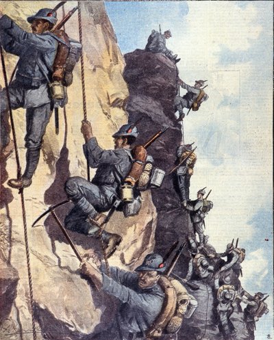 Erster Weltkrieg: Italienische Alpenjäger klettern eine Wand in den italienischen Alpen hinauf von Anonymous Anonymous