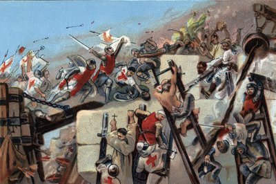 Erster Kreuzzug (1096-1099): die Eroberung Jerusalems durch die Kreuzfahrer unter der Führung von Godefroy von Bouillon (1061-1100) am 15. Juli 1099. Werbechromolithographie von Antoine Chocolates in Brüssel, Anfang des 20. Jahrhunderts. Private Sammlung von Anonymous Anonymous