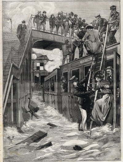 Überschwemmung des Bahnhofs Gare de la Chapelle auf der Linie des kleinen Gürtels in Paris. Gravur. In „Le Petit Parisien“. von Anonymous Anonymous