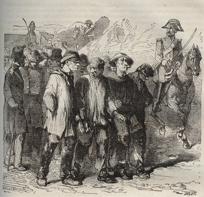 Sträflinge im Marsch im Bagne de Rochefort im 19. Jahrhundert. Gravur in „Histoire des bagnes depuis leur création à nos jours“ (1877) von Pierre Zaccone. Private Sammlung. von Anonymous Anonymous