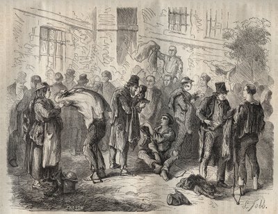 Sträflinge verkaufen ihre Habseligkeiten vor dem Eintritt ins Toulon Bagne im 19. Jahrhundert. Gravur in „Histoire des bagnes depuis leur création à nos jours“ (1877) von Pierre Zaccone. Private Sammlung. von Anonymous Anonymous