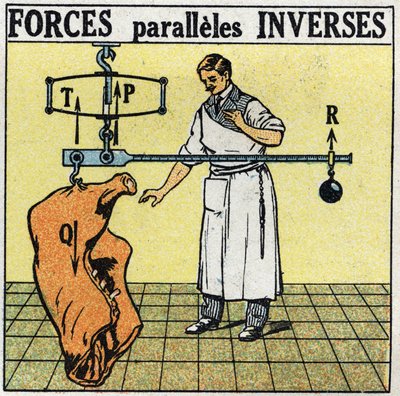 Kräfte: entgegengesetzte parallele Kräfte. Ein Metzger, der ein Fleischstück mit einer römischen Waage wiegt. Anonyme Illustration von 1925. Privatsammlung. von Anonymous Anonymous