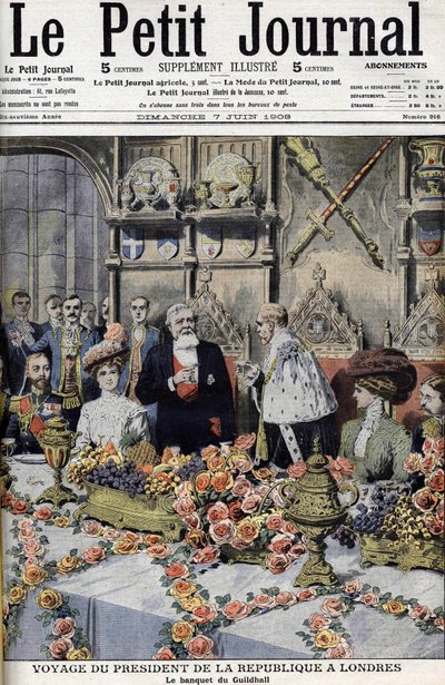 Der französische Präsident Armand Fallières (1841-1931), in London vom Lord Mayor empfangen, bei einem Bankett in der Guildhall. Le petit Journal, Juni 1908 (Gravur) von Anonymous Anonymous