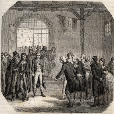 Französische Revolution - Die Hébertisten - Les Hébertistes à la Conciergerie in Paris am 23. März 1794 - Gravur in „Histoire des Girondins“ von Alphonse de Lamartine (1790-1869) 1865-1866 - Private Sammlung von Anonymous Anonymous