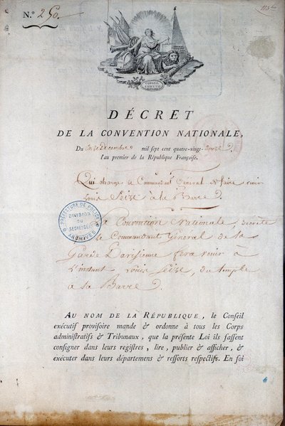 Französische Revolution: Dekret des Konvents vom 11./12.1792, das die Nationalgarde anweist, König Ludwig XVI. aus dem Tempelgefängnis vor Gericht zu bringen. Paris. Polizeipräfektur von Anonymous Anonymous