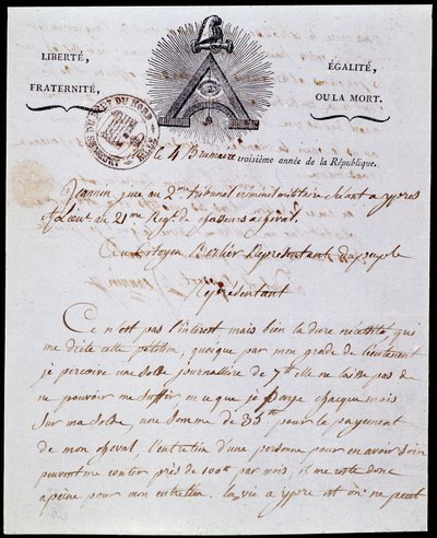 Französische Revolution: erste Seite und Kopfzeile eines militärischen Verwaltungsschreibens vom 4. Nebelmonat Jahr III (25.10.1794) datiert 18. Frimaire Jahr III (08.12.1794) mit der republikanischen Inschrift „Freiheit Gleichheit, Brüderlichkeit oder Tod von Anonymous Anonymous