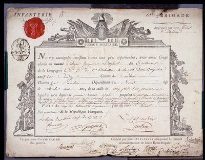 Französische Revolution: offizielles Dokument des militärischen Urlaubs datiert 5 Prairial Jahr IV (24.05.1796) eines Leutnants der Brigade des Bezirks Cambrai. Departementalarchive von Nord Lille von Anonymous Anonymous