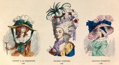 Von links nach rechts: Hut à la marinière 1787; Große Frisur 1785 und Hut Bonnette 1786 von Anonymous Anonymous