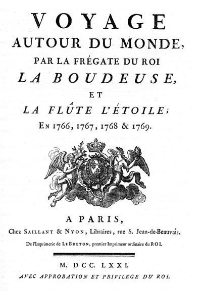 Frontispiz von 1771 des Buches „Reise um die Welt mit der Fregatte des Königs La Boudeuse und der Flöte L