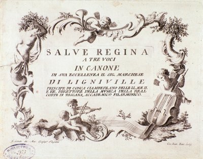 Frontispiz einer Partitur des Salve Regina Hymnus für drei Stimmen von Marquis von Ligneville (1768) von Anonymous Anonymous